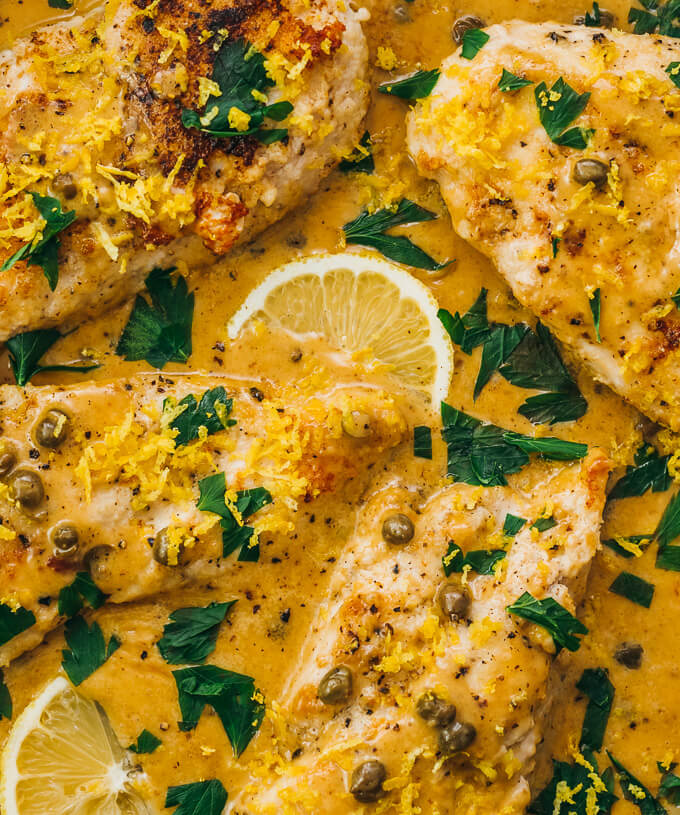 overhead view of lemon chicken piccata in pan