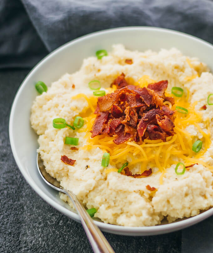 mashed cauliflower topped with bacon and cheddar