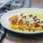 caper chicken served with spiralized zucchini