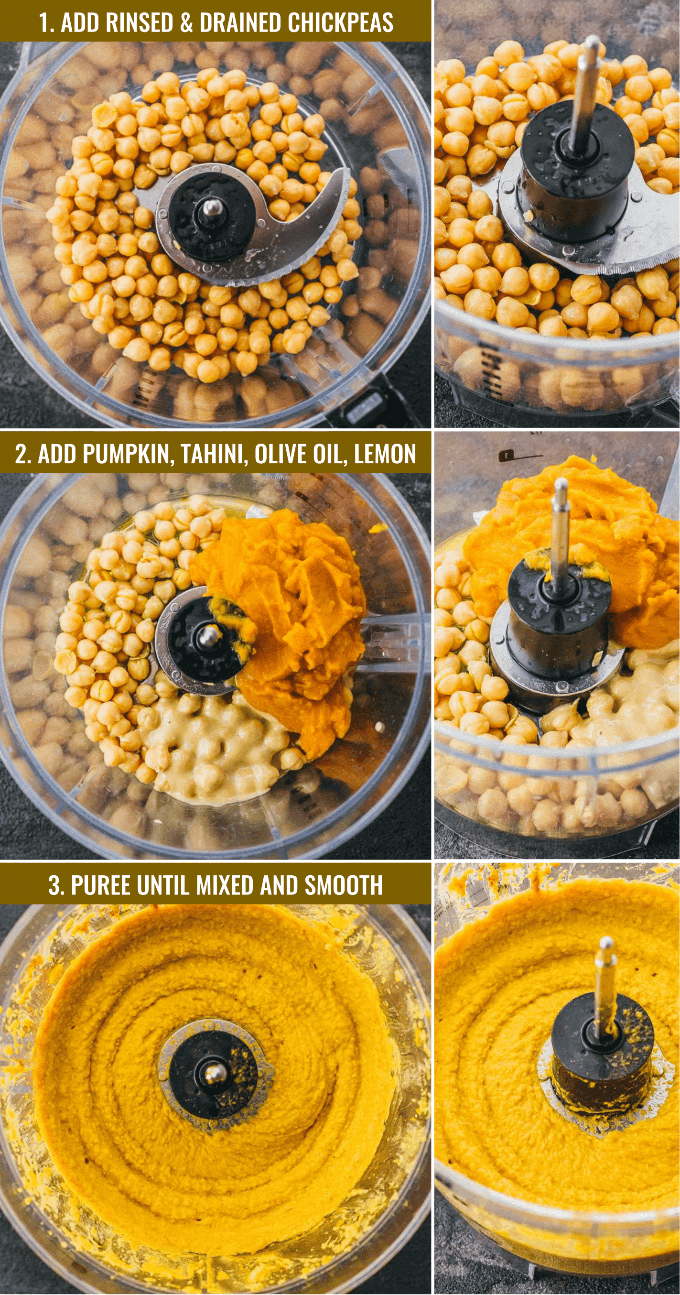 Collage of intermediate steps showing how to make pumpkin hummus in a food processor