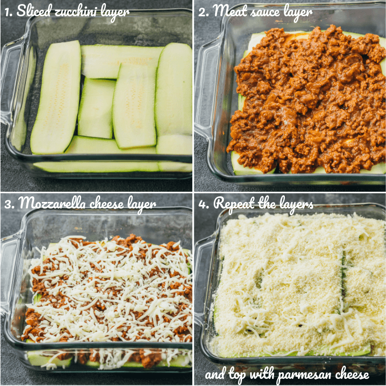 Step by step collage of how to make easy zucchini lasagna showing assembly of lasagna layers including zucchini, meat, and cheese