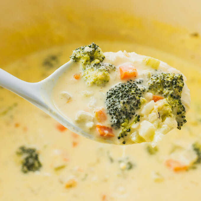 close up view of broccoli cheddar soup