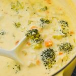 broccoli cheddar soup in yellow dutch oven