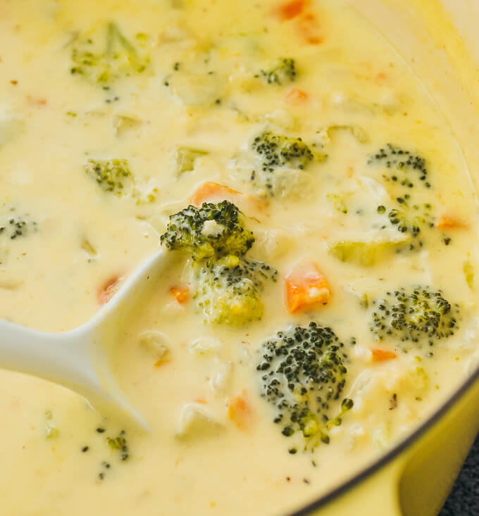 broccoli cheddar soup in yellow dutch oven