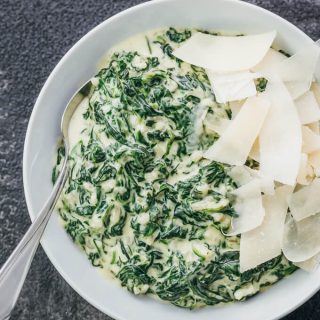 overhead view of creamed spinach