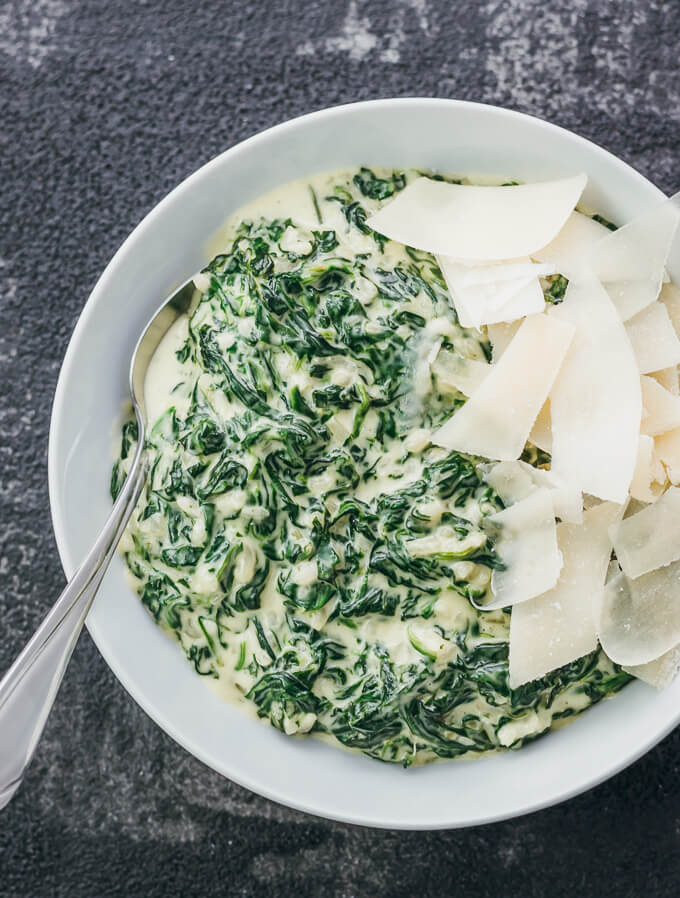 overhead view of creamed spinach