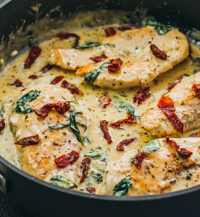 close up view of creamy tuscan chicken