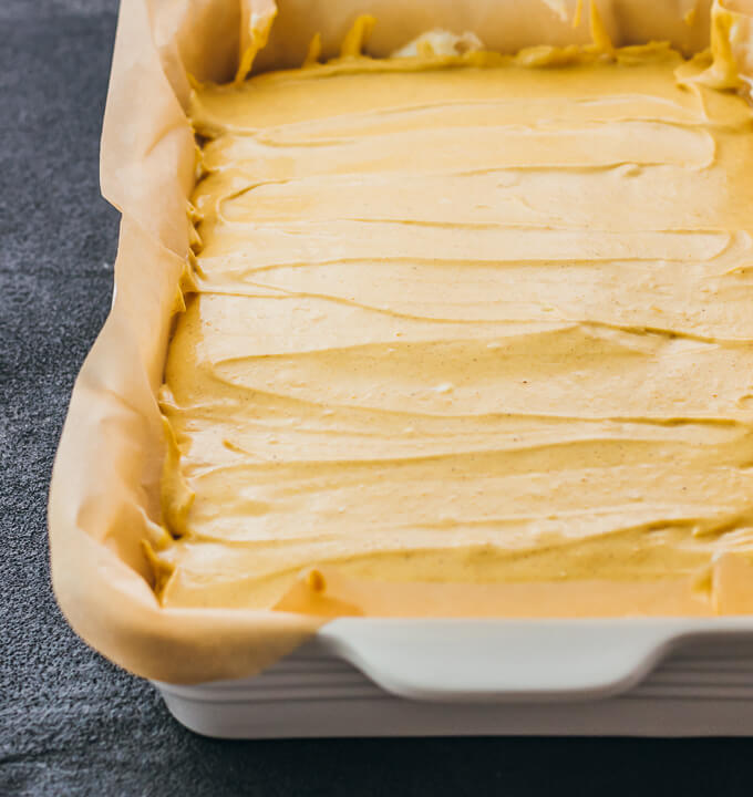 pumpkin cheesecake batter in casserole dish