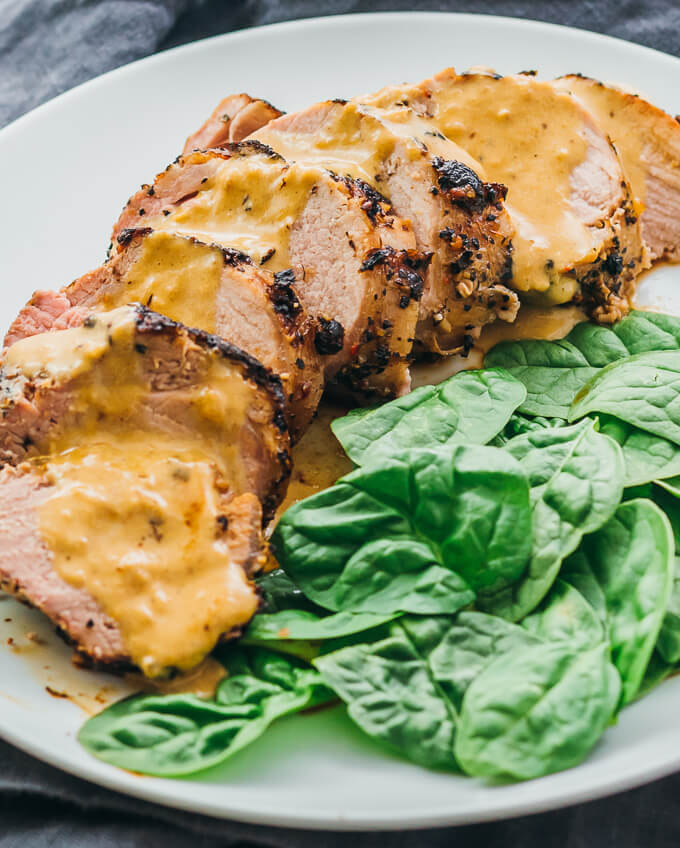 Roasted pork tenderloin with creamy mustard sauce - savory tooth