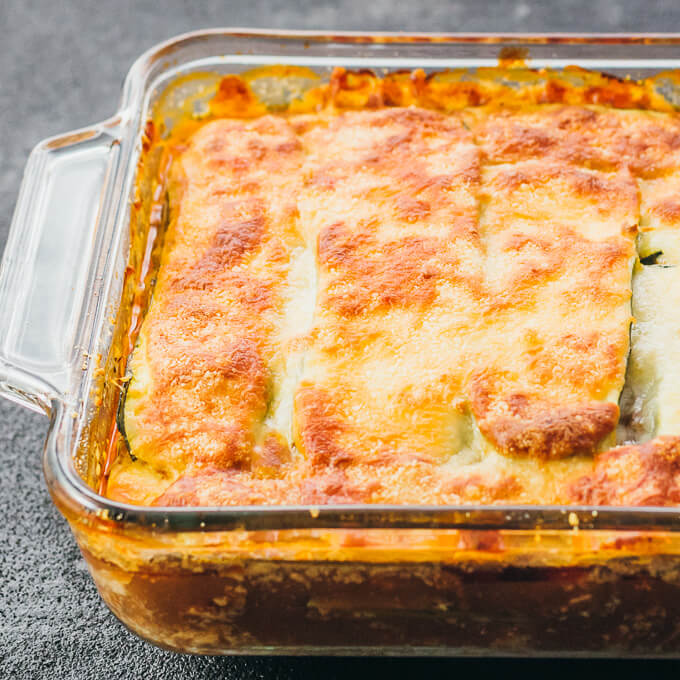 baked zucchini lasagna in glass baking dish