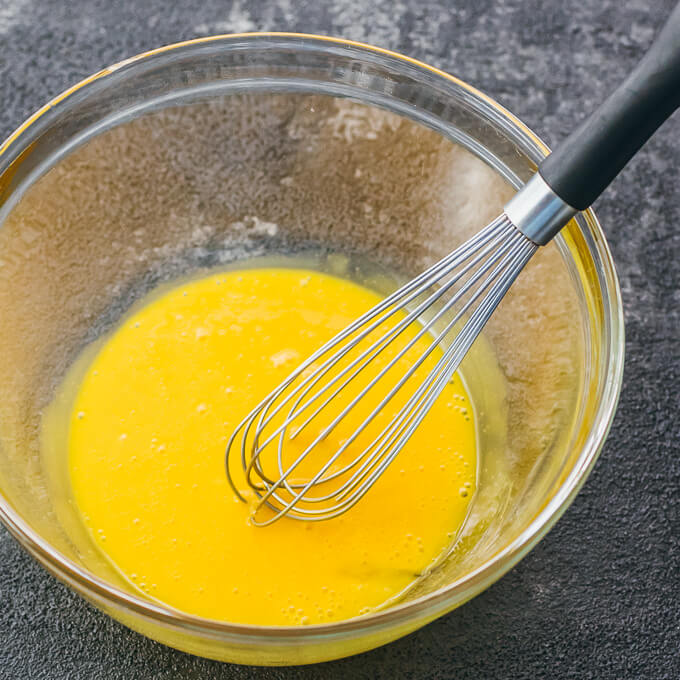 whisked egg yolks in bowl