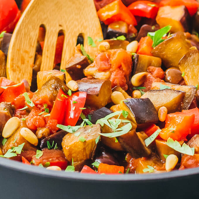 close up view of eggplant caponata