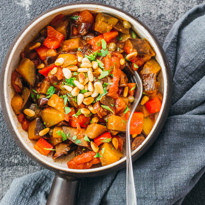 eggplant caponata served in bowl