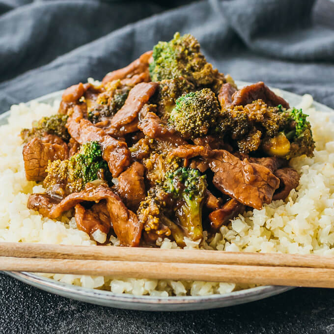 beef and broccoli served with riced cauliflower