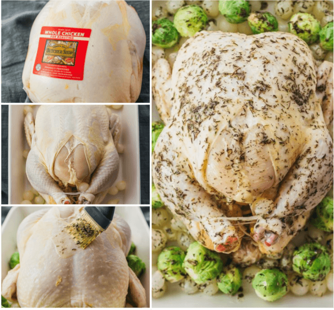 brushing melted butter and seasonings over chicken