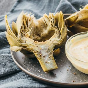 pressure cooked artichoke with garlic mustard dip