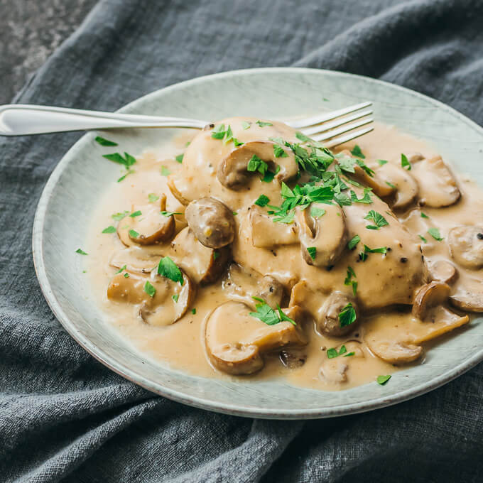 chicken with mushroom gravy served on plate