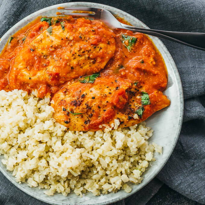 tomato chicken served with riced cauliflower