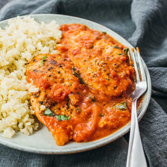 tomato chicken served with riced cauliflower