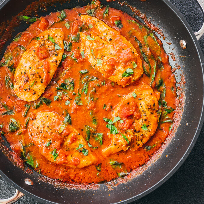 Tomato Chicken with Basil Garlic Sauce - Savory Tooth