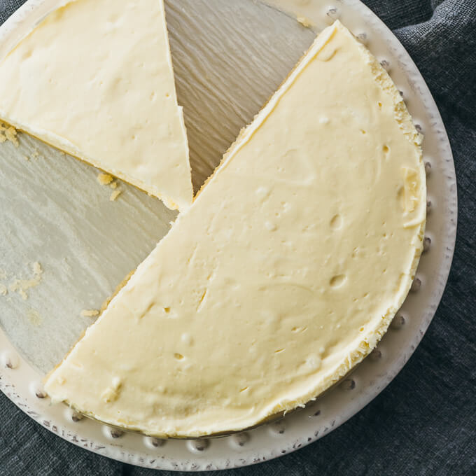 Overhead view of sliced instant pot cheesecake