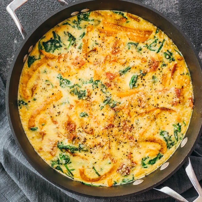 overhead view of spinach frittata in a pan