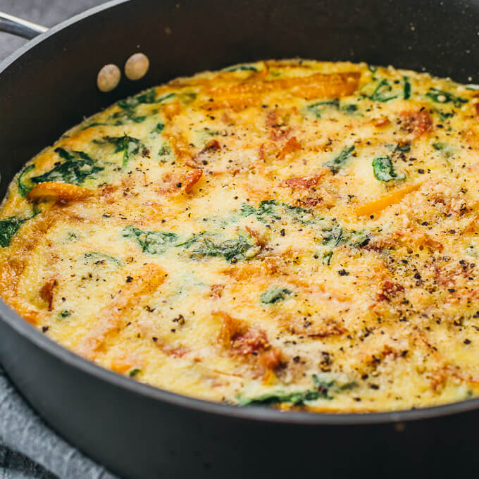 close up view of spinach frittata in pan