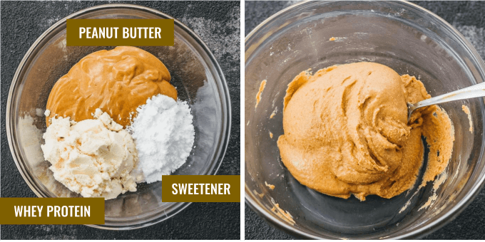 Before and after photos of stirring sweetened peanut butter mixture for making ketogenic peanut butter cups