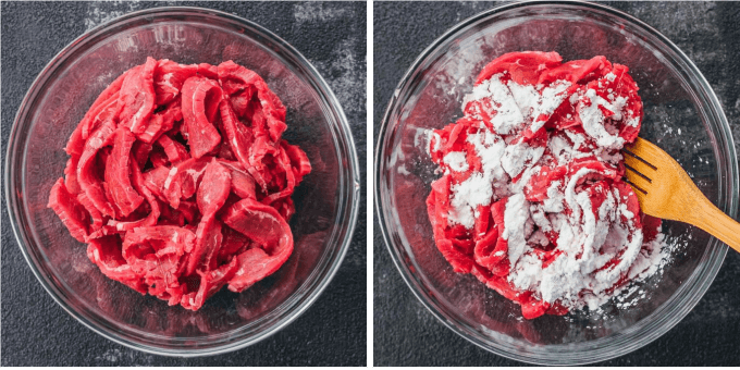 tossing stir fry beef with corn starch