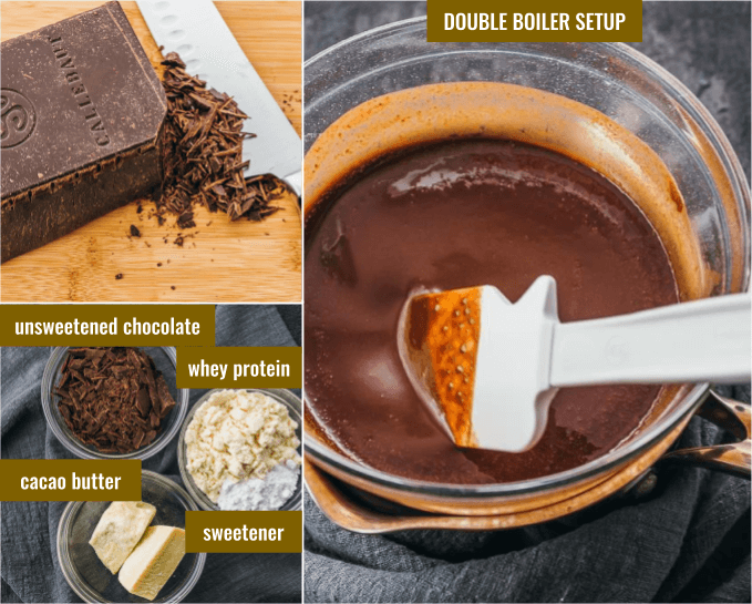 Showing step by step how to make low carb chocolate using double boiler