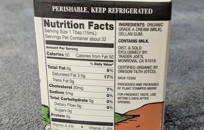 Nutrition label for heavy whipping cream to determine how many carbs