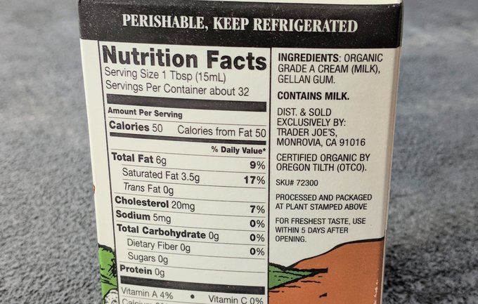 Nutrition label for heavy whipping cream to determine montako hiilaria