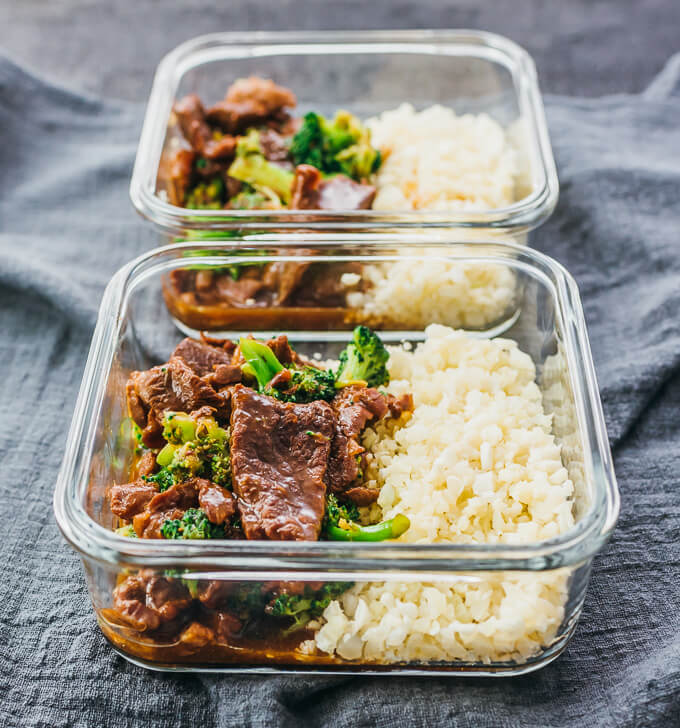 beef and broccoli leftovers stored in glass containers