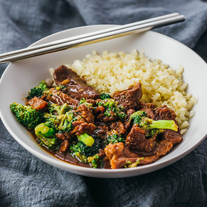 beef and broccoli served with riced cauliflower