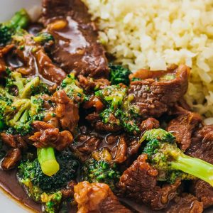 close up view of beef and broccoli