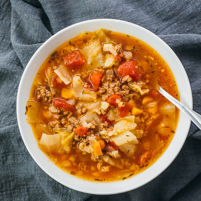 overhead view of cabbage soup