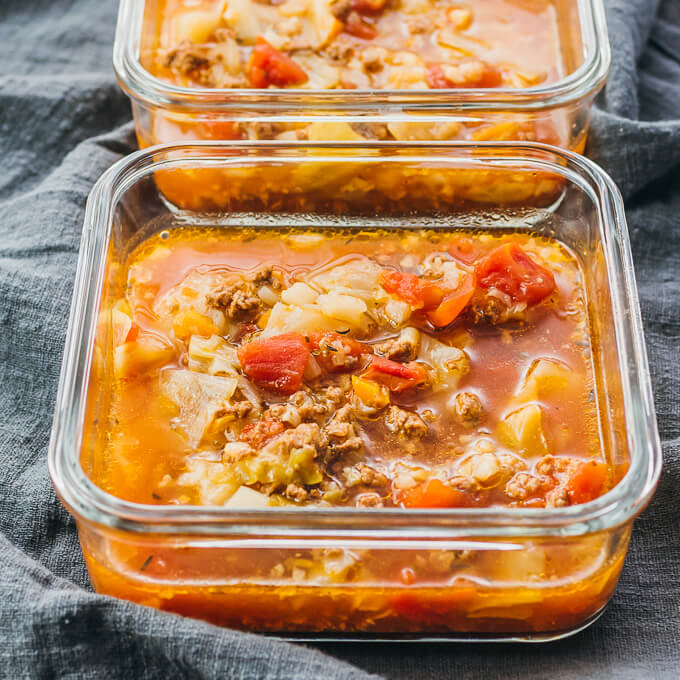 cabbage soup stored in glass containers