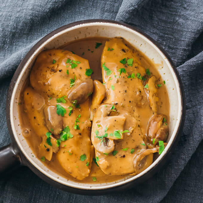 chicken marsala served in bowl