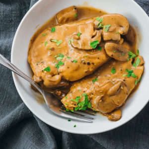 chicken marsala in white bowl