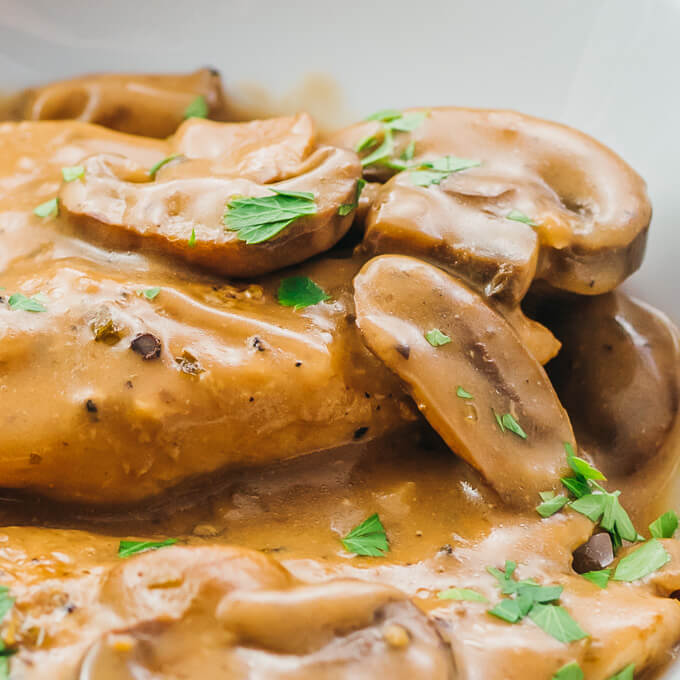 close up view of chicken marsala