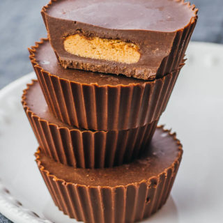 Tall stack of keto peanut butter cups that are low carb and sugar free