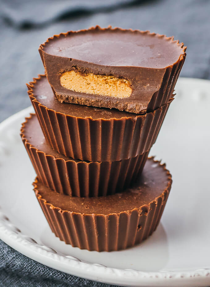 Tall stack of keto peanut butter cups that are low carb and sugar free