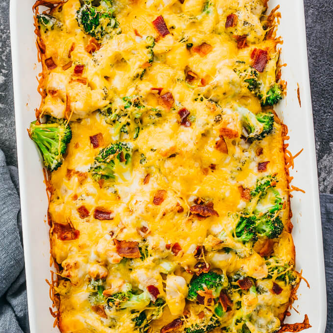 chicken bacon ranch casserole in white baking dish