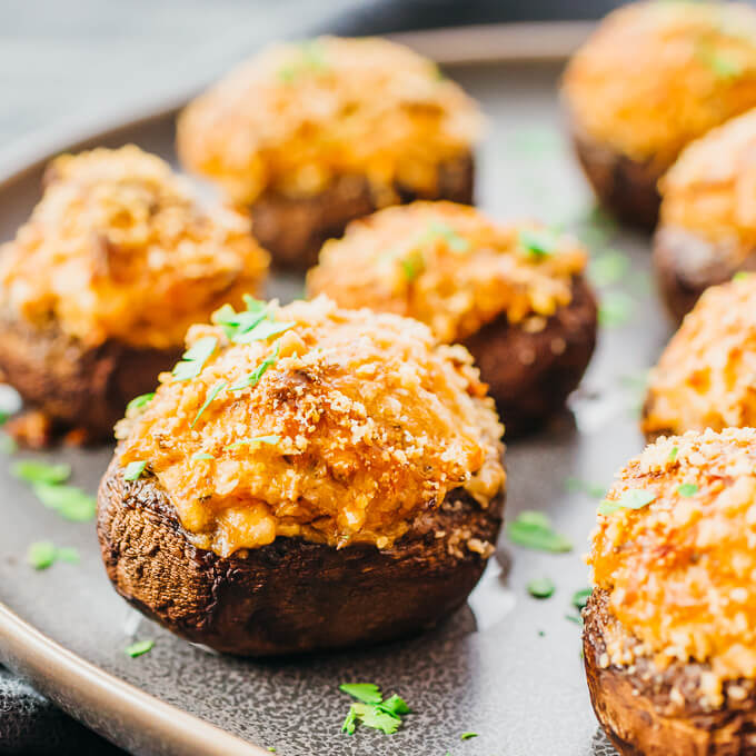 close up view of crab stuffed mushrooms