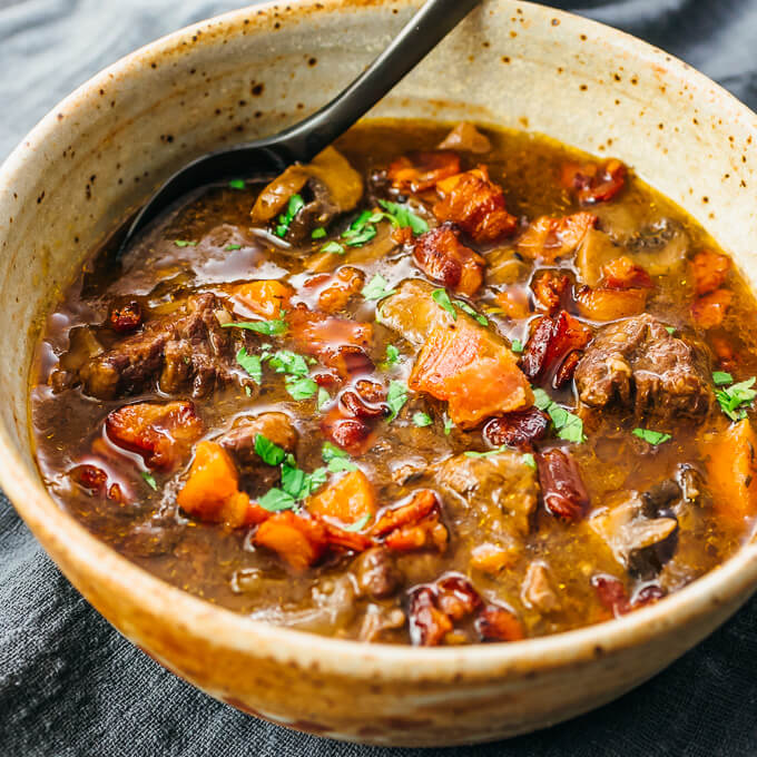 beef bourguignon in stoneware bowl