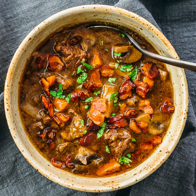 overhead view of instant pot beef bourguignon