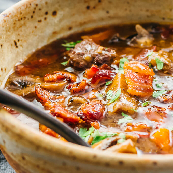 close up view of beef bourguignon