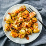 overhead view of brussels sprouts on plate