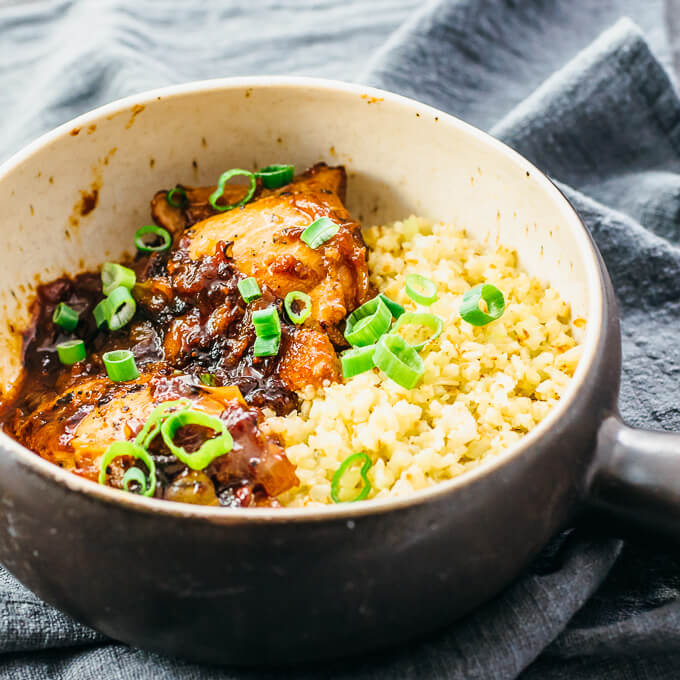 chicken adobo served with cauliflower rice