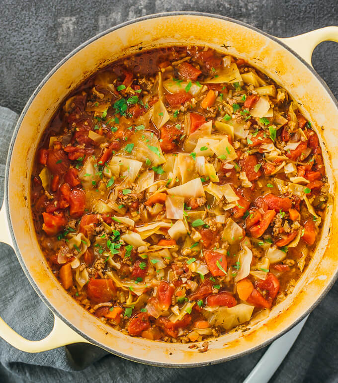 cabbage soup in yellow dutch oven